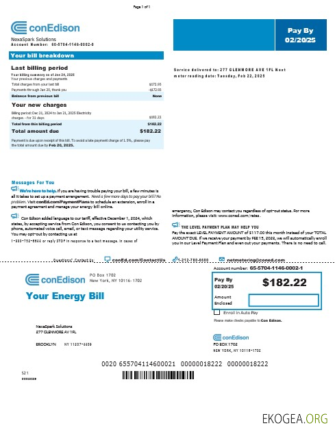 Modèle Word et PDF de facture de services publics des États Unis New York Conedison, version 2